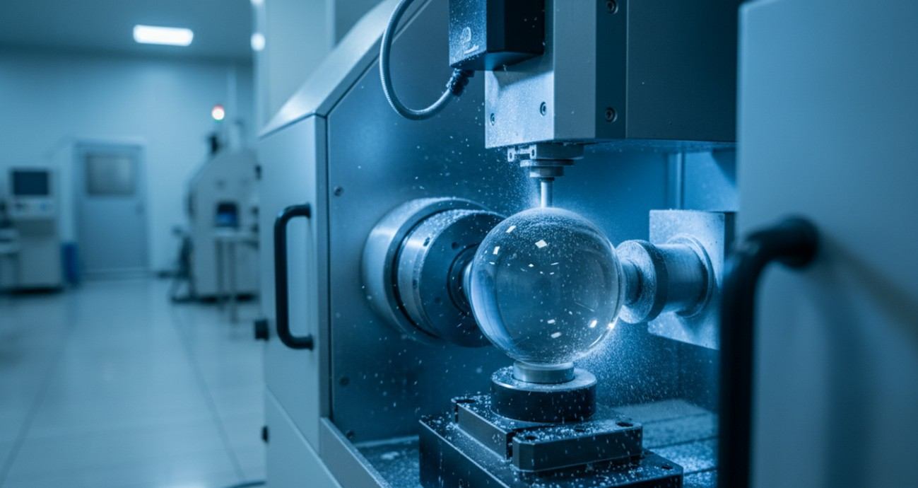 CNC precision grinding of an optical lens blank on a 5-axis machining center.