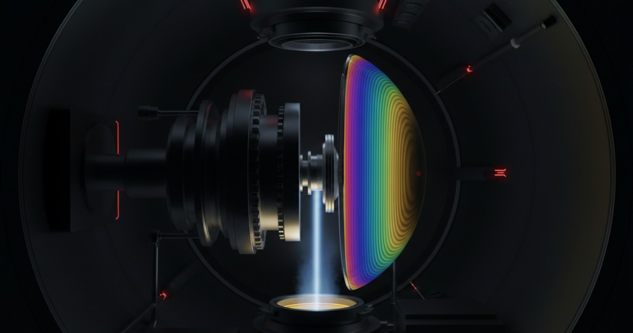 Electron-beam deposition of multilayer dielectric coating inside a high-vacuum chamber.