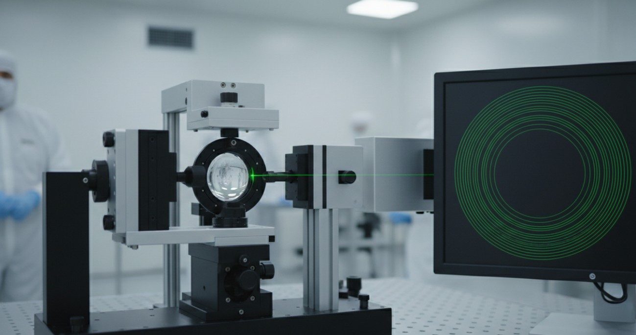 Sub-aperture stitching interferometry in our metrology lab verifying surface figure of a precision lens.