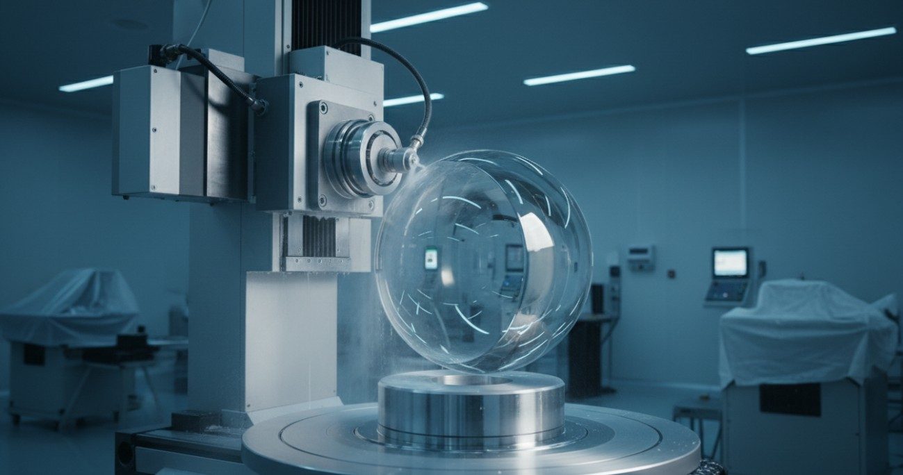 Precision CNC grinding of a large concave optical mirror blank on an air-bearing spindle.