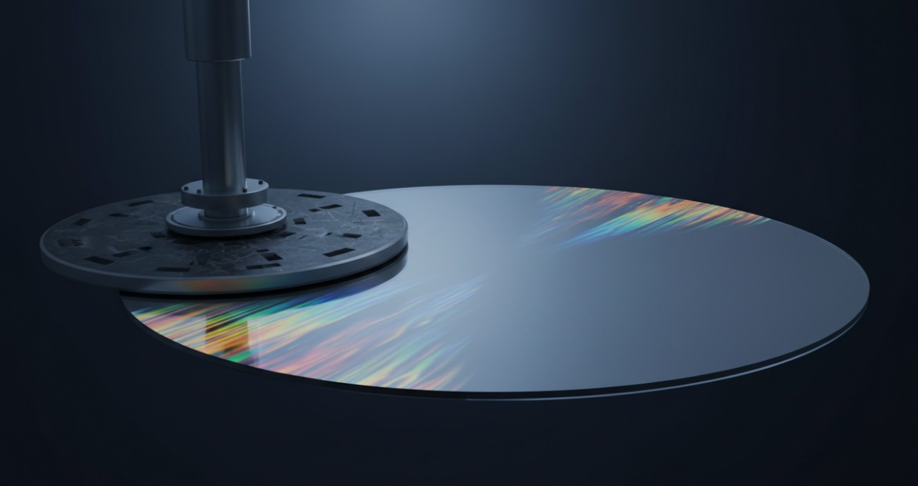 A precision polishing lap in contact with a large flat mirror surface, with interference fringes revealing the nanometer-level figure quality.