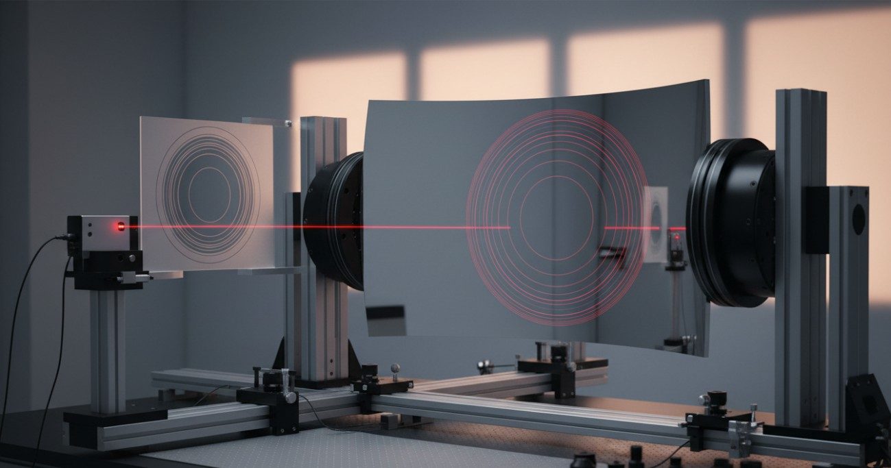 Laser interferometric testing of a concave mirror in a metrology lab, capturing the surface error map for deterministic correction.