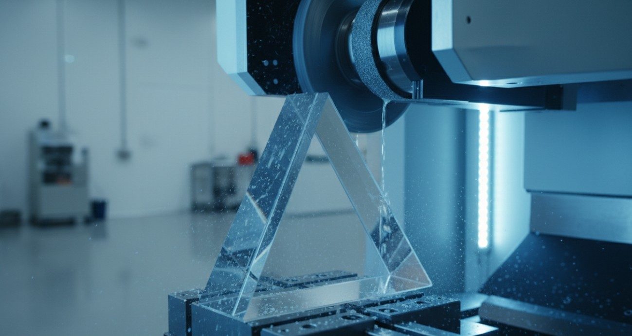 Precision CNC grinding of an optical prism blank, shaping angular faces with sub-micron positional accuracy.
