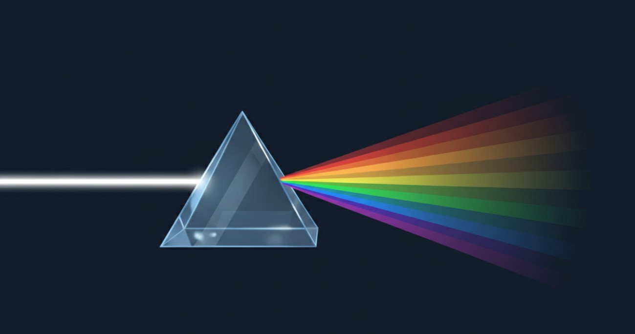 A dispersive prism separating white light into its constituent wavelengths, the operating principle behind every prism-based spectrometer.