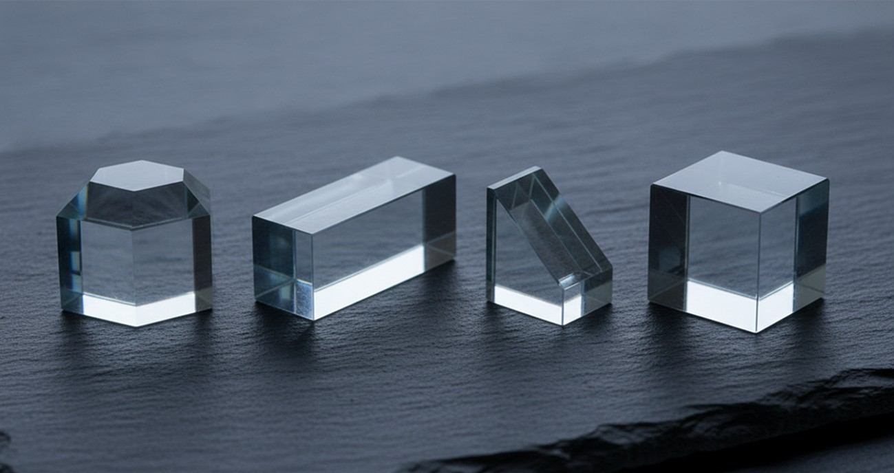 A selection of precision-machined prism geometries, from penta and dove configurations to corner-cube retroreflectors.