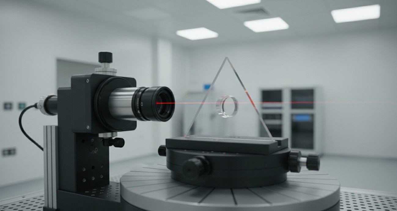 An autocollimator verifying the dihedral angle of a precision prism mounted on a rotation stage in a metrology lab.