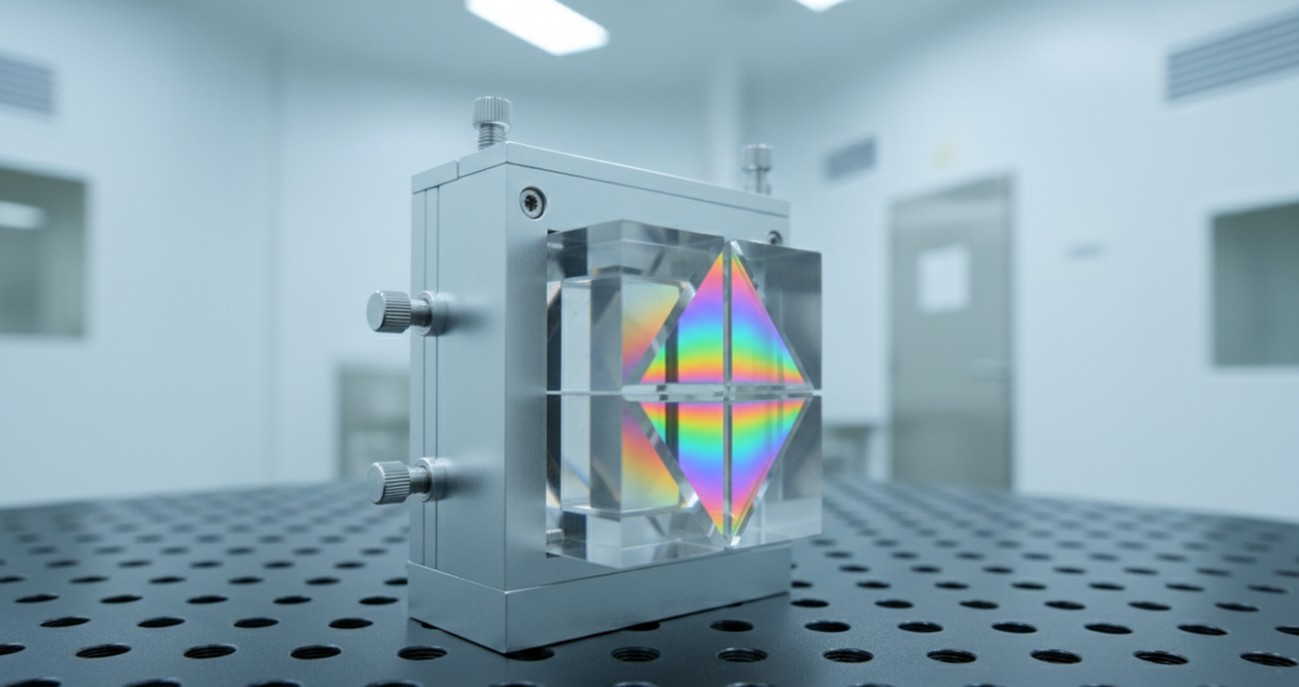 A precision beamsplitter cube mounted in a cleanroom fixture, with the internal hypotenuse coating visible as an interference color pattern.