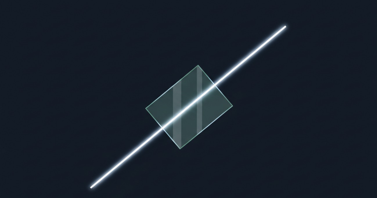 A plate beamsplitter dividing an incident beam into transmitted and reflected paths at a 45-degree angle of incidence.