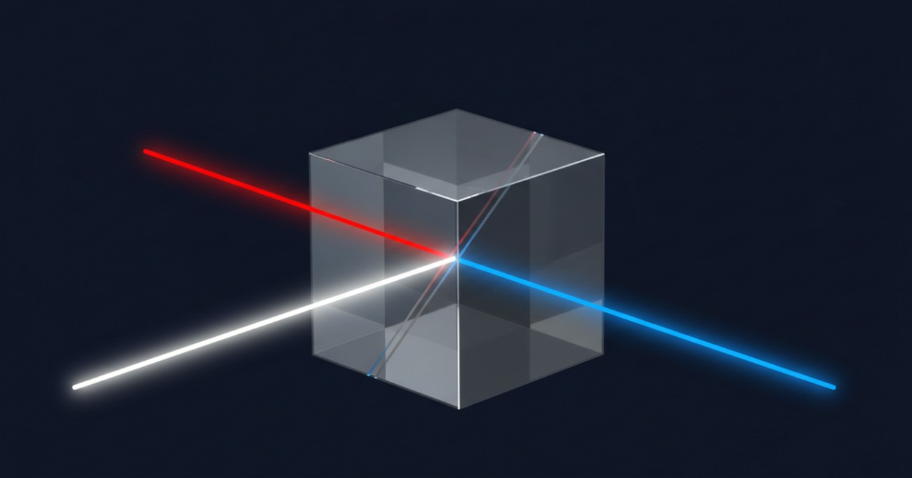 A polarizing beamsplitter cube separating an incident beam into orthogonal polarization states via the internal dielectric coating interface.