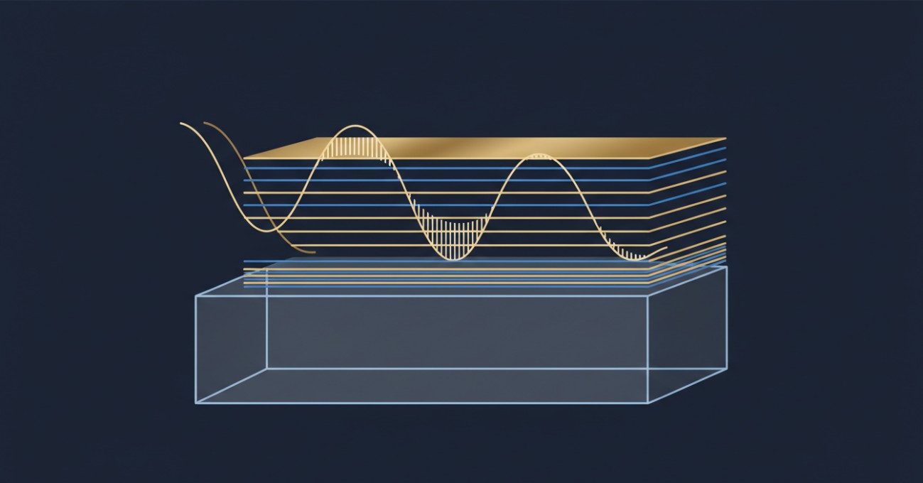 Cross-sectional visualization of an alternating high-low index multilayer coating stack engineered for precise reflectivity and transmission control.
