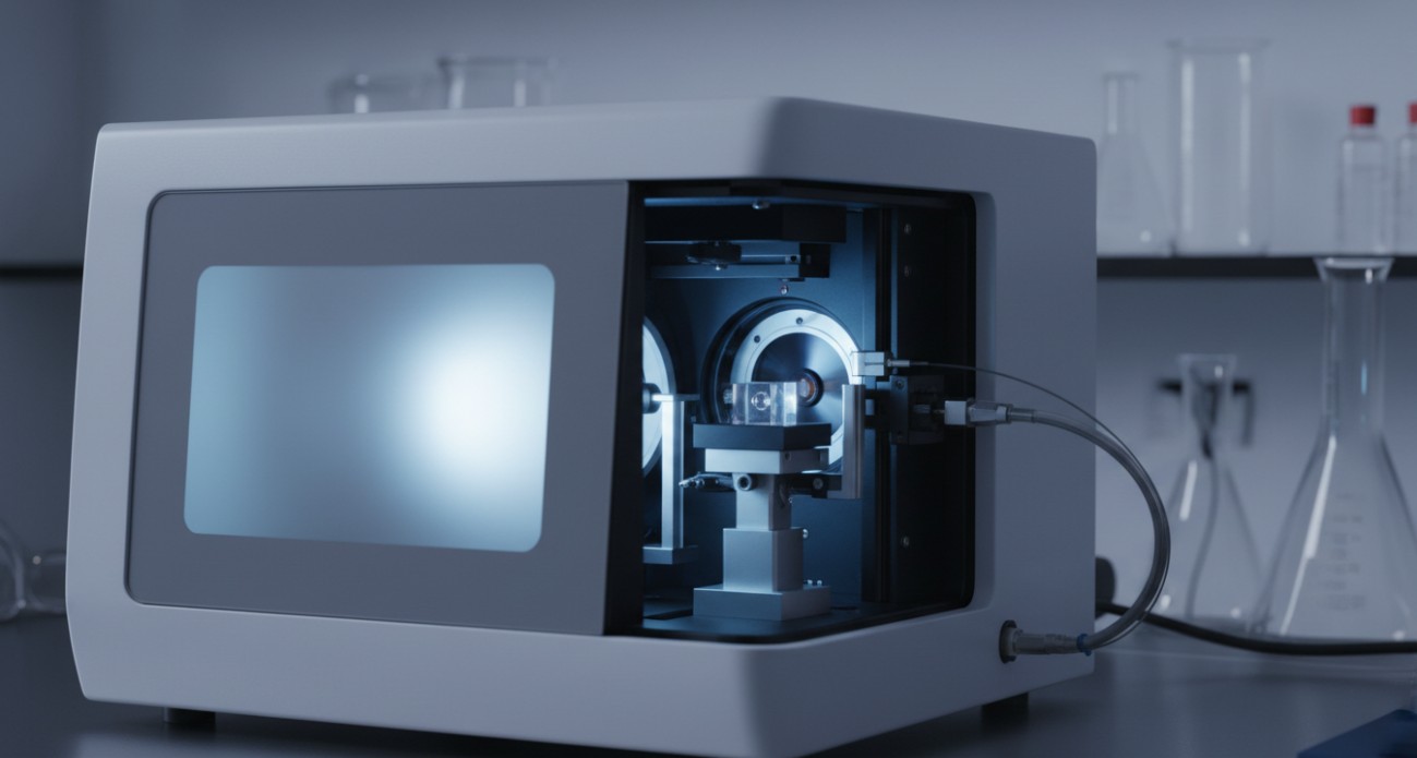 A spectrophotometer measuring the spectral transmission and reflection characteristics of a coated beamsplitter in our metrology lab.