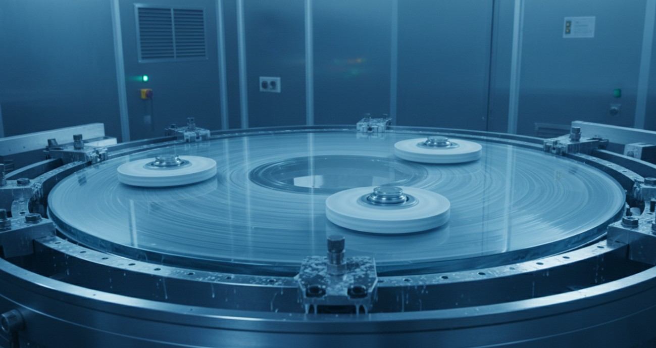 Double-sided planetary polishing of large-diameter optical windows on a precision lap.