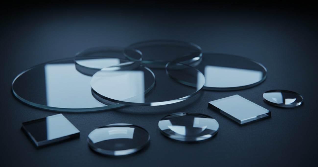 A selection of precision-fabricated optical windows in various sizes, shapes, and substrate materials.