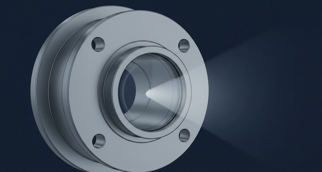 A vacuum viewport optical window hermetically sealed into a stainless steel flange, providing optical access to ultra-high vacuum chambers.