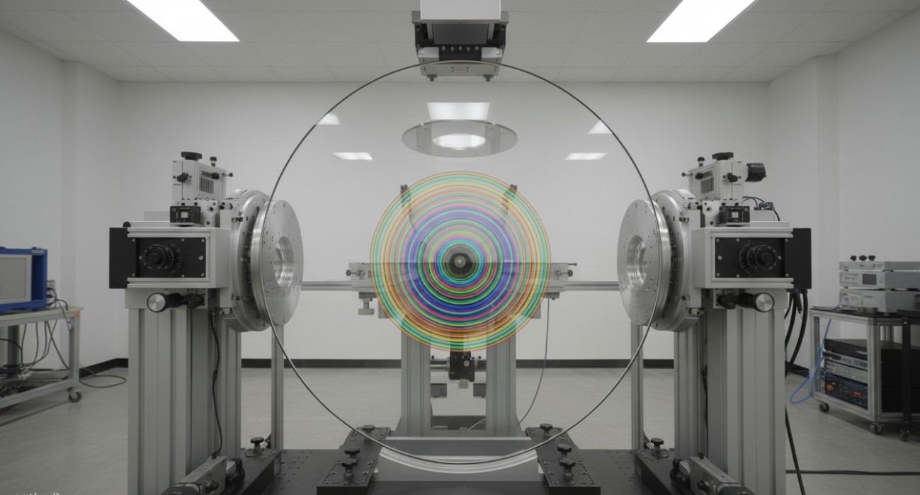 Phase-shifting interferometric testing of a large optical window, capturing circular interference fringes that reveal nanometer-level surface deviations.