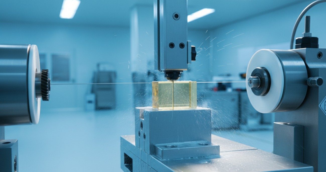 Precision diamond wire saw slicing a nonlinear optical crystal blank along the phase-matching orientation.