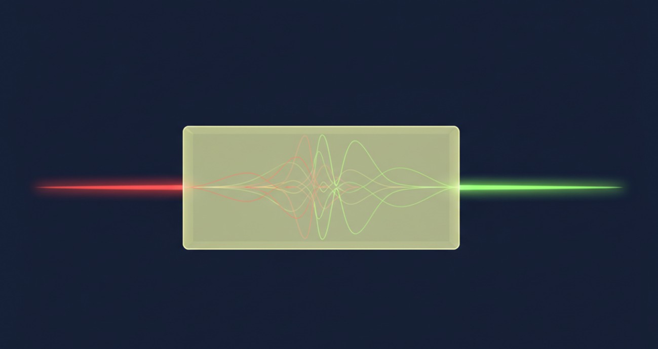 A nonlinear crystal converting infrared pump photons into frequency-doubled green light through the second-harmonic generation process.