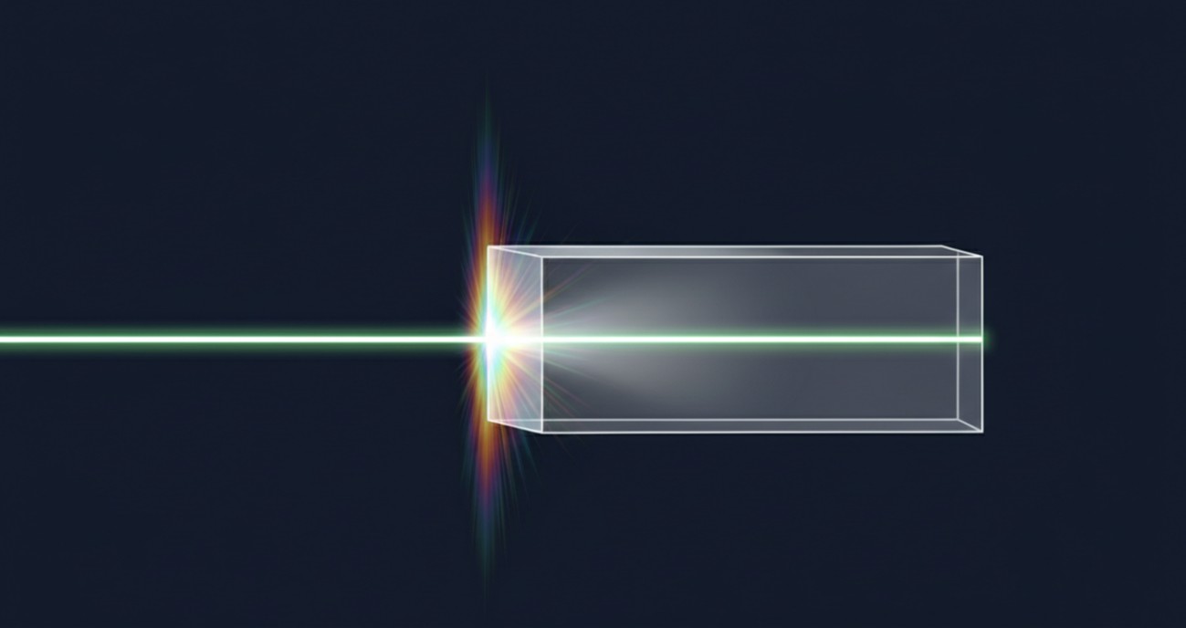 A laser beam entering an anti-reflection-coated nonlinear crystal surface, with the coating layer visible as subtle interference coloration at the interface.