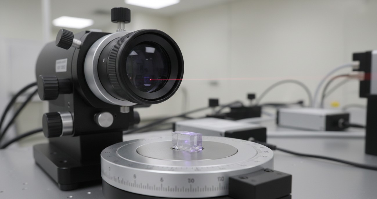 An autocollimator measuring the angular orientation of a nonlinear crystal on a precision rotation stage, verifying the phase-matching cut angle.