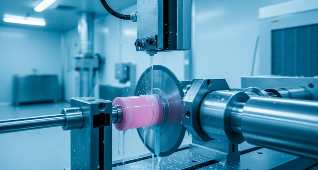 Precision diamond saw slicing a cylindrical Nd:YAG laser crystal boule along the crystallographic axis.