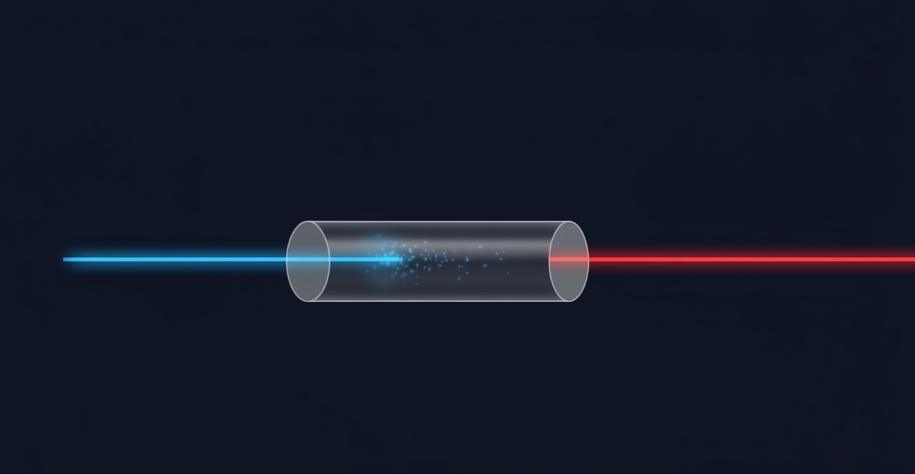 An end-pumped laser crystal rod converting blue pump photons into red output light through stimulated emission in the doped gain medium.