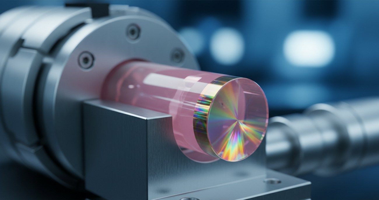An AR-coated Nd:YAG laser crystal rod mounted in a precision fixture, with the end-face thin-film coating showing rainbow interference colors.
