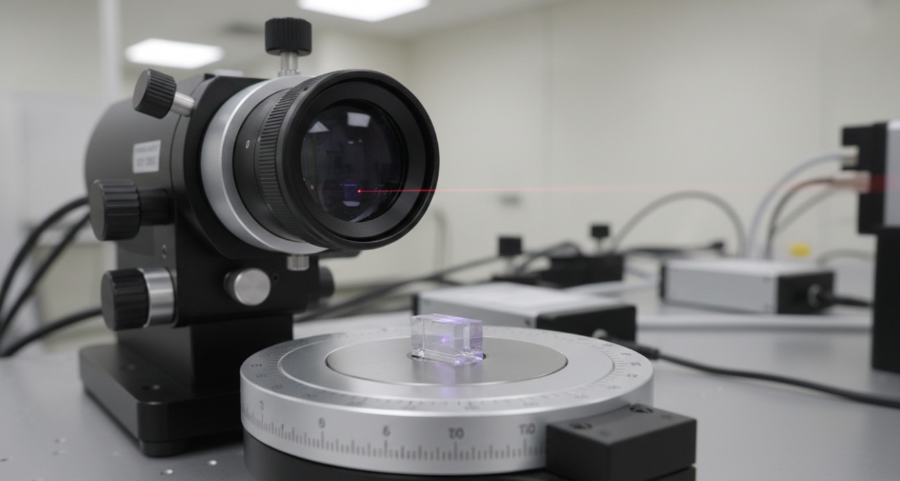An autocollimator measuring the angular parallelism between end faces of a precision laser crystal rod mounted on a rotation stage.