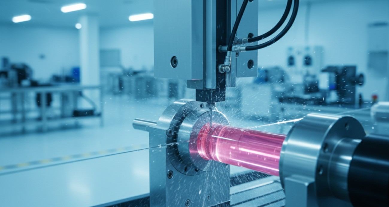 Precision diamond wire saw slicing a TGG magneto-optical crystal boule along the crystallographic axis.