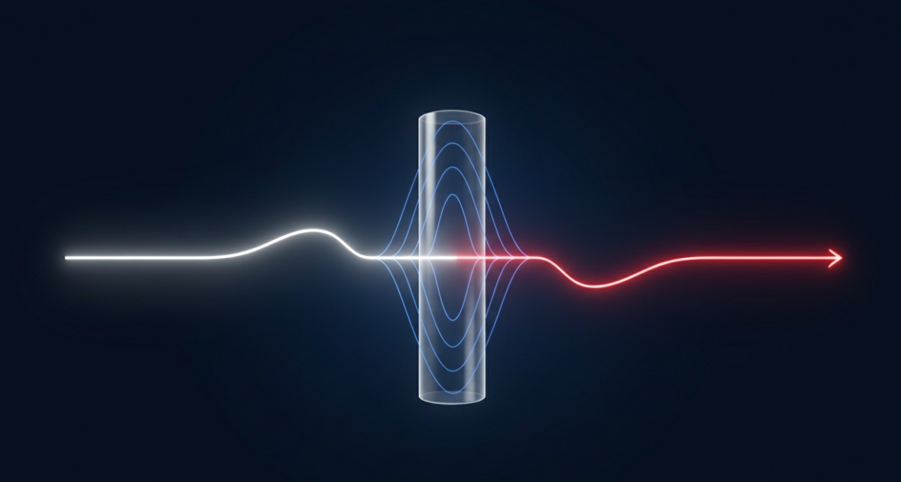 The Faraday effect: an incident polarized beam enters a magneto-optical crystal within a magnetic field and exits with its polarization plane rotated.