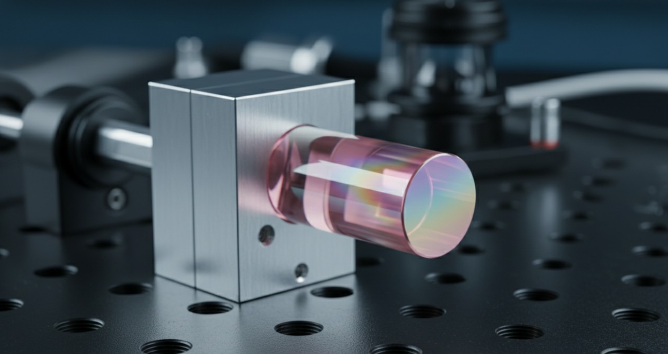 An AR-coated TGG magneto-optical crystal rod mounted in a precision fixture, with the end-face coating showing rainbow interference colors.