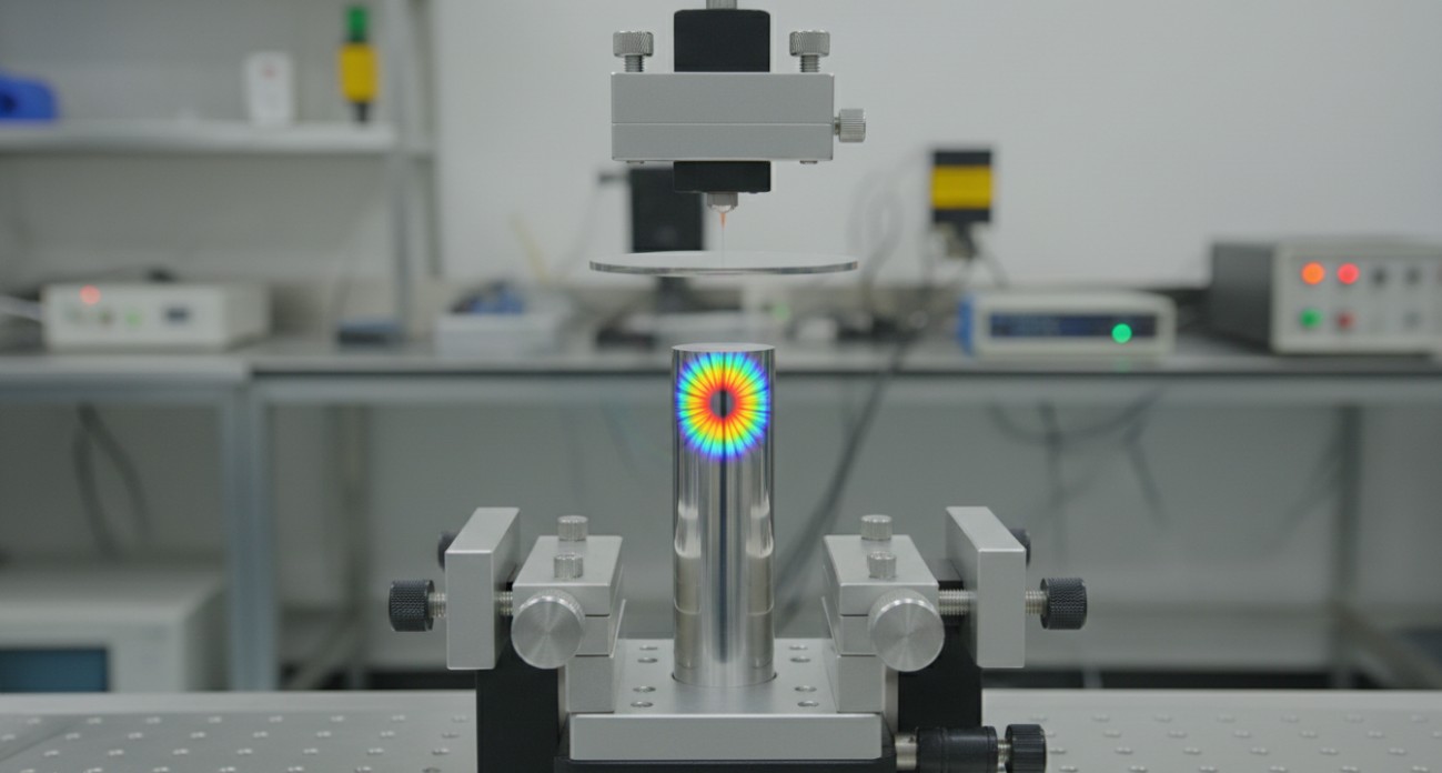 Phase-shifting interferometric testing of a TGG crystal end face, capturing circular fringes that reveal nanometer-level surface flatness deviations.