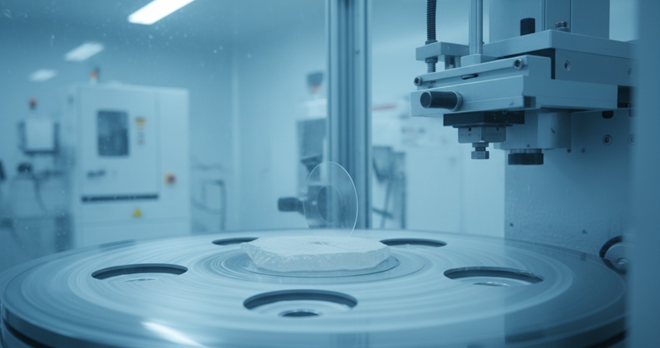 Precision planetary polishing of a thin quartz waveplate on a dedicated flatness-controlled lap.