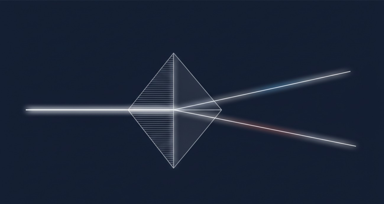 A Wollaston prism splitting an incident beam into two orthogonally polarized output beams through perpendicular optical axis orientations in its cemented wedges.