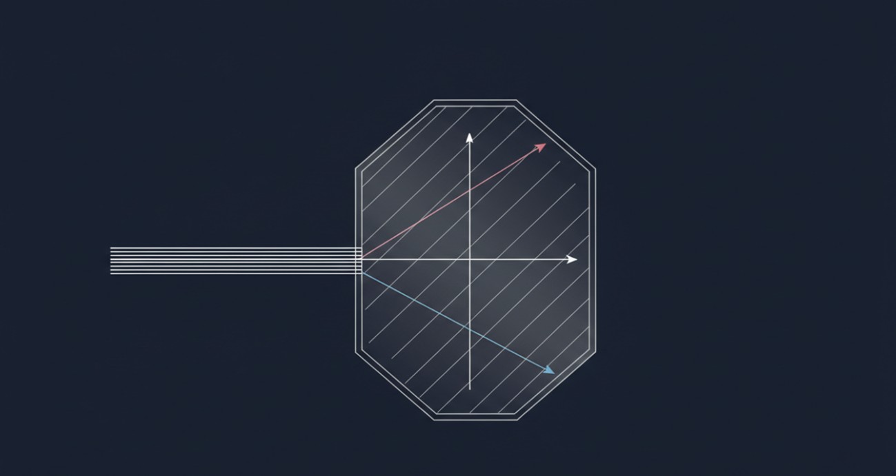 A uniaxial crystal splitting an incident beam into ordinary and extraordinary rays that propagate at different velocities through the anisotropic lattice.