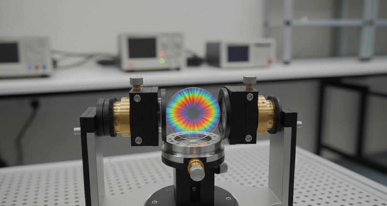 A waveplate mounted between crossed polarizers in our metrology lab, with rainbow interference fringes revealing the spatial retardation uniformity across the clear aperture.