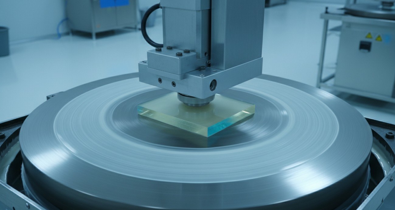 Precision planetary polishing of a rectangular LiNbO3 electro-optic crystal plate on a flatness-controlled lap.