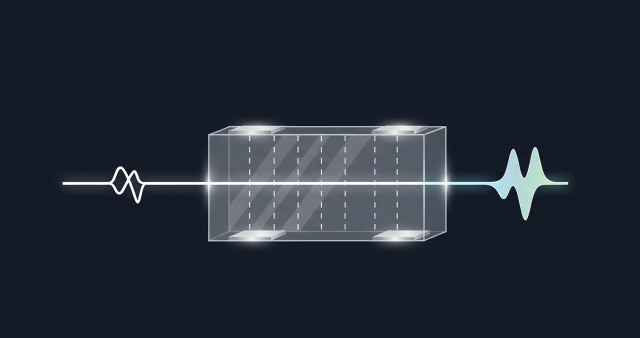 An electro-optic crystal plate between top and bottom electrodes: an applied electric field induces a linear, voltage-reversible change in birefringence.
