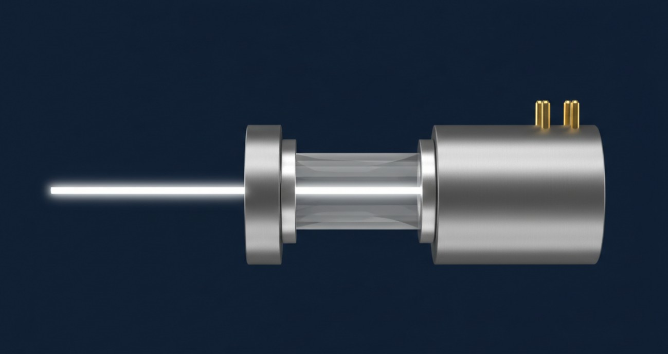 A complete Pockels cell assembly housing a cylindrical DKDP crystal with ring electrodes and electrical feedthrough pins.