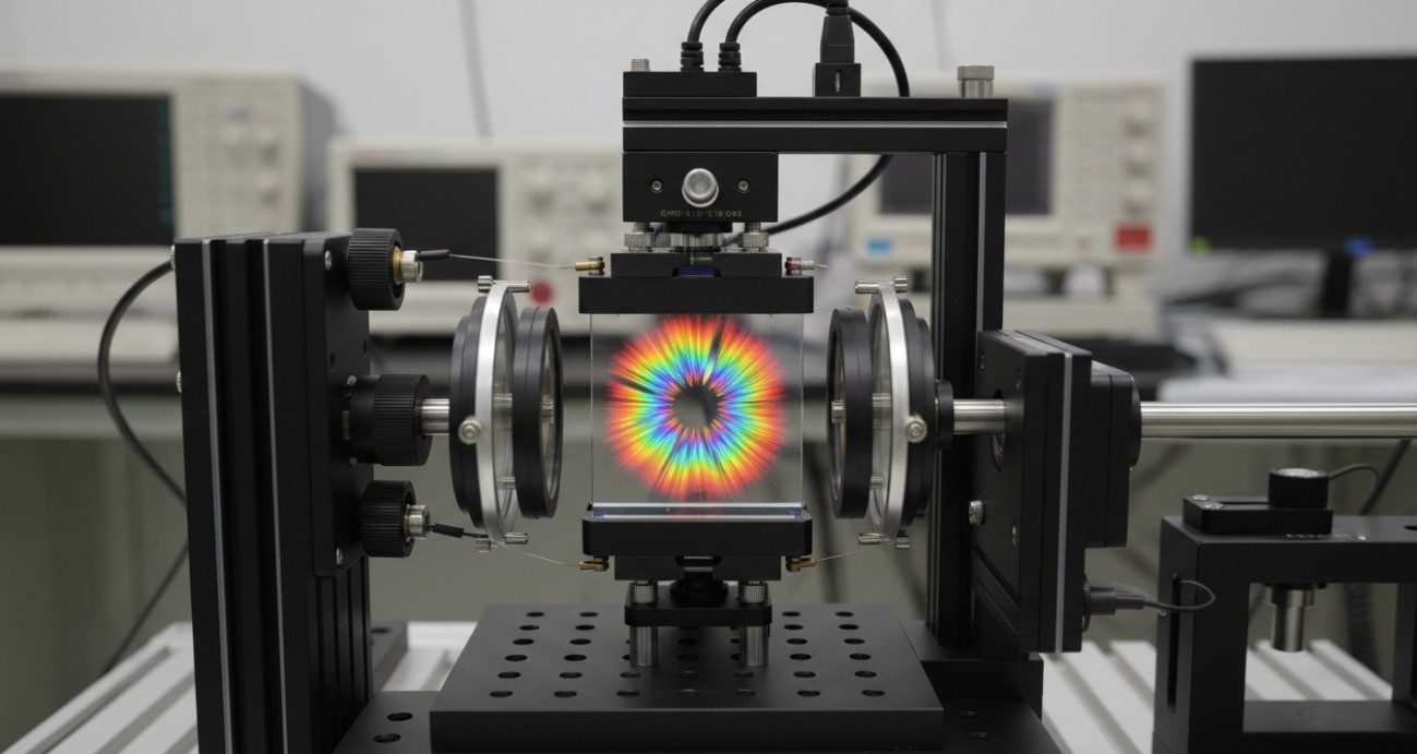 An electro-optic crystal mounted between crossed polarizers in our metrology setup, with interference fringes revealing the electrically induced retardation uniformity.