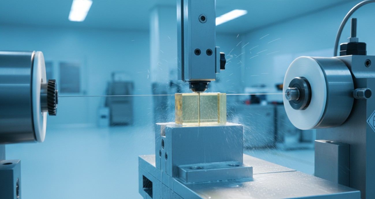 Precision diamond wire saw slicing a nonlinear optical crystal blank along the phase-matching orientation.