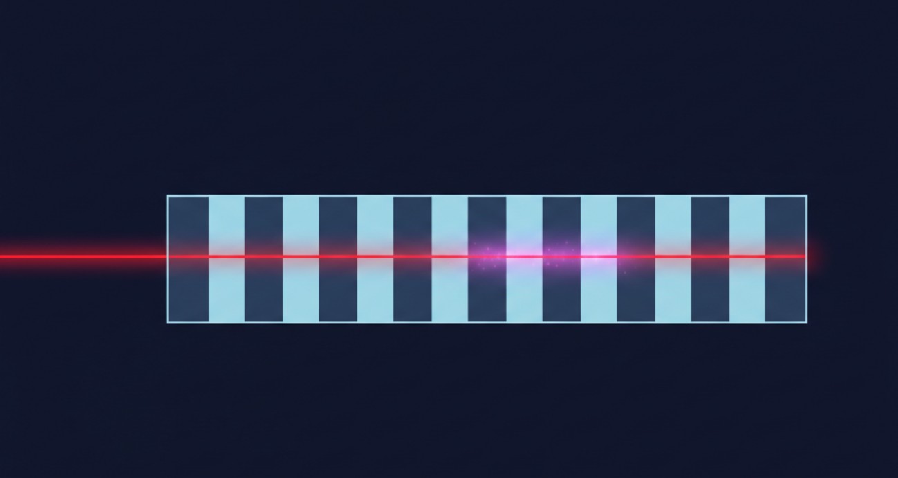 A periodically poled lithium niobate crystal with alternating ferroelectric domains enabling quasi-phase-matched frequency doubling without spatial walk-off.