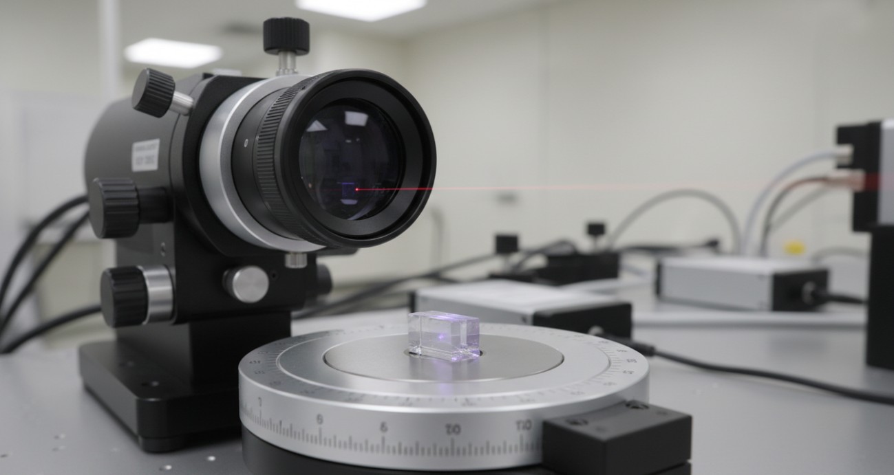 An autocollimator measuring the angular orientation of a nonlinear crystal on a precision rotation stage, verifying the phase-matching cut angle.